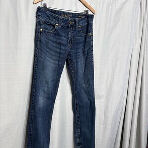 Rock 47 by Wrangler Slim Straight Denim Jeans Mid Rise Distressed Hem Mens 31x34